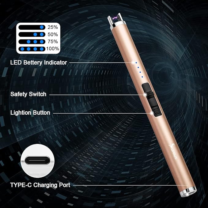 Rechargeable USB Flameless Plasma with Safety Lock Switch for Camping BBQ Cooking (Gold)