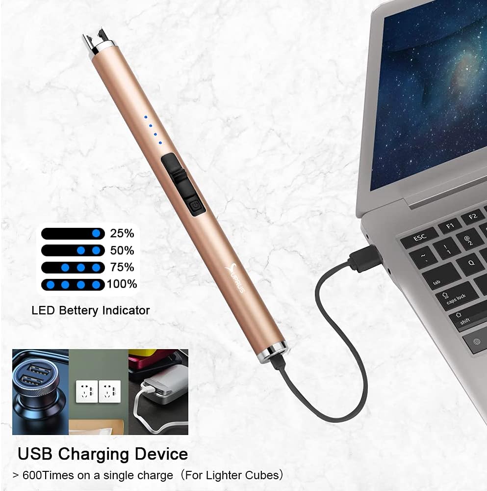 Rechargeable USB Flameless Plasma with Safety Lock Switch for Camping BBQ Cooking (Gold)
