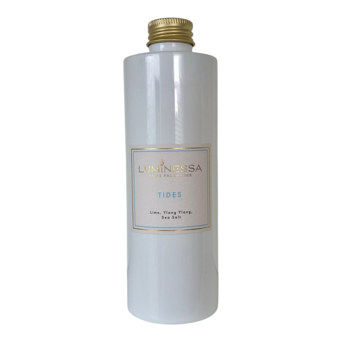 A tall, cylindrical translucent white bottle with a gold screw cap and a white label reading 'LUMINESSA' and 'TIDES' on a plain white background.