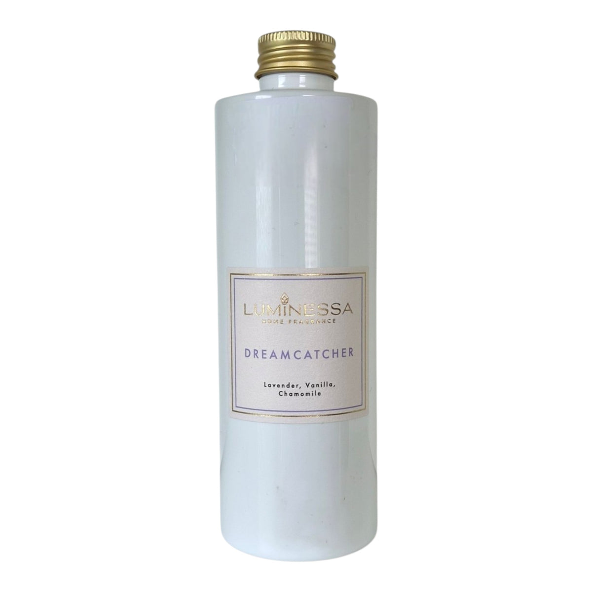 A tall, cylindrical white bottle with a gold screw cap and a central cream-colored label reading 'LUMINESSA' and 'DREAMCATCHER'.